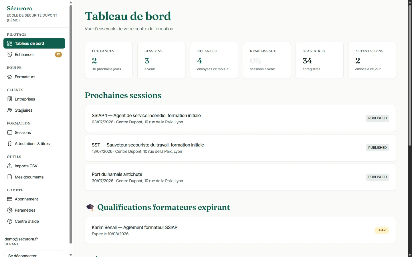 Tableau de bord Sécurora : échéances, sessions, relances et stagiaires d'un centre de formation