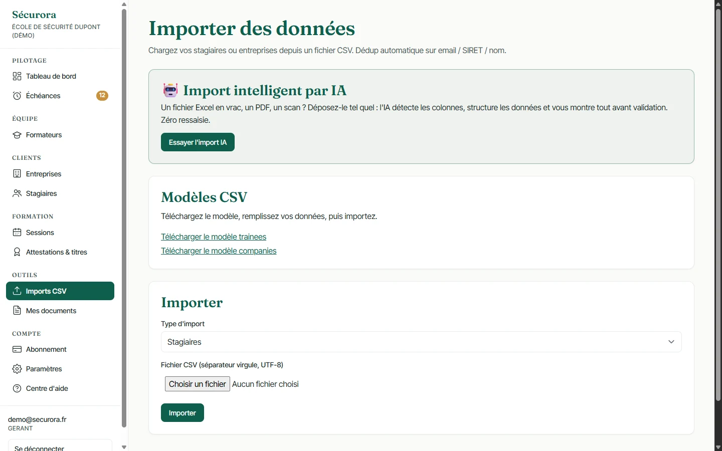 Écran d'import intelligent par IA de Sécurora